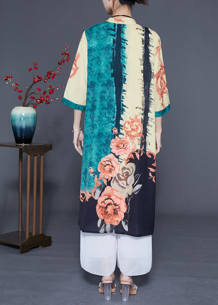 Chic Green Oversized Print Chinese Style Silk Women Sets 2 Pieces Spring