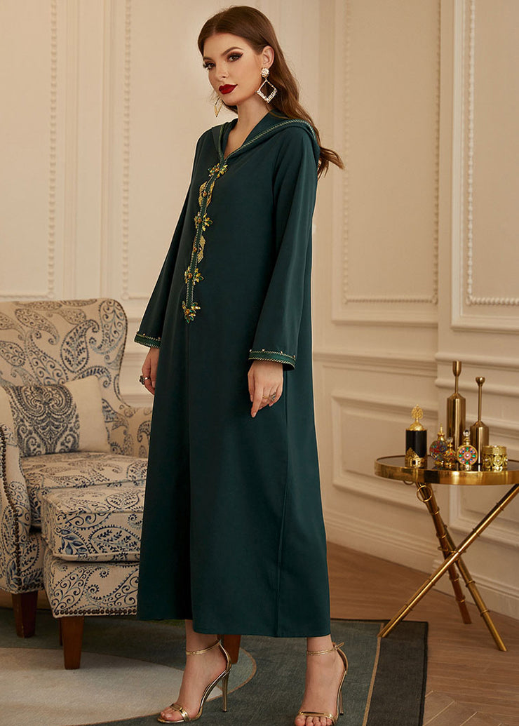 Chic Green Patchwork Zircon Hooded Silk Long Dresses Long Sleeve