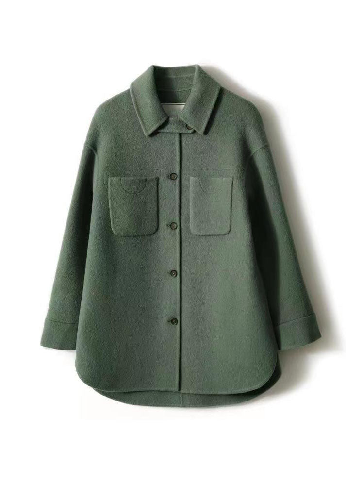 Chic Green Peter Pan Collar Button Pockets Patchwork Woolen Coats Fall