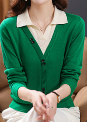Chic Green Peter Pan Collar False Two Pieces Patchwork Knit Sweaters Fall