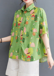 Chic Green Peter Pan Collar Print Patchwork Cotton Shirt Tops Summer