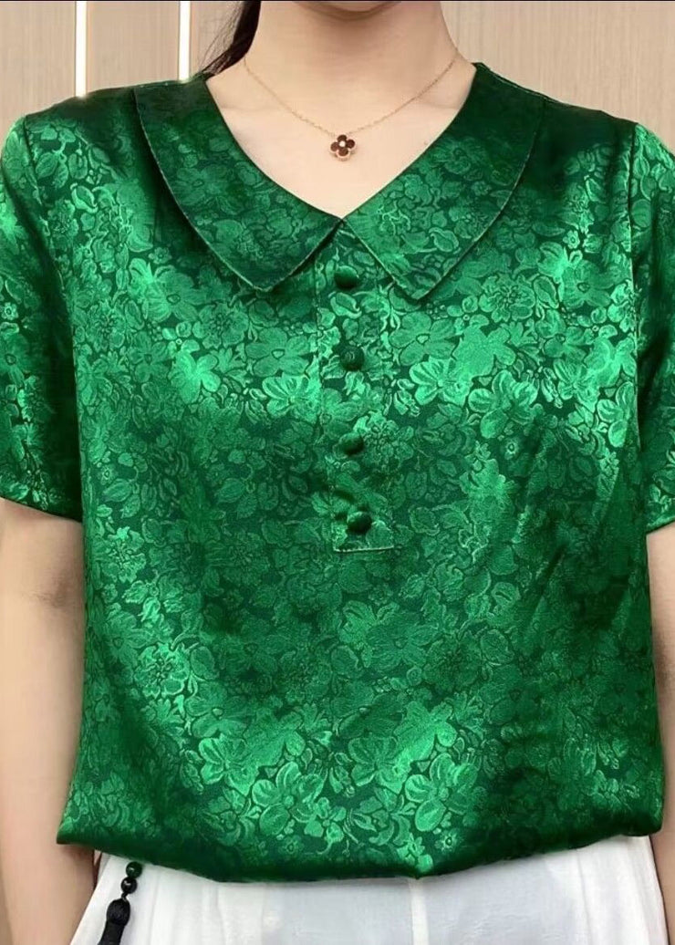 Chic Green Peter Pan Collar Print Patchwork Silk T Shirt Summer