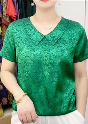 Chic Green Peter Pan Collar Print Patchwork Silk T Shirt Summer