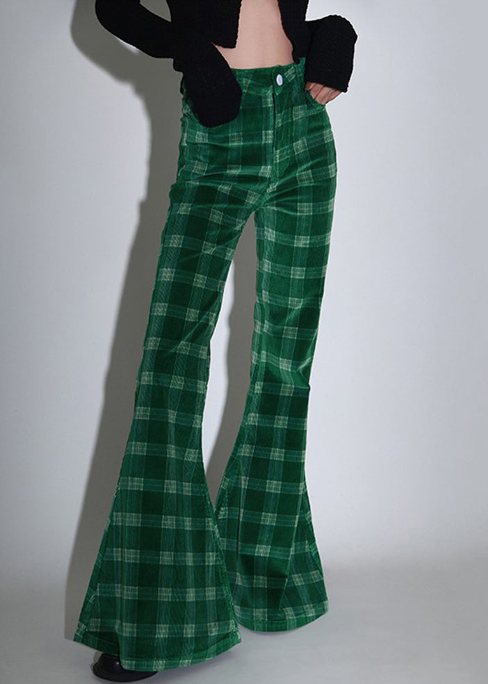 Chic Green Plaid Pockets Corduroy Flare Bottoms Spring