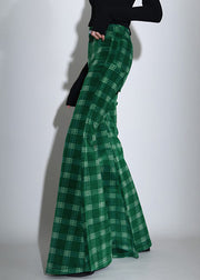 Chic Green Plaid Pockets Corduroy Flare Bottoms Spring