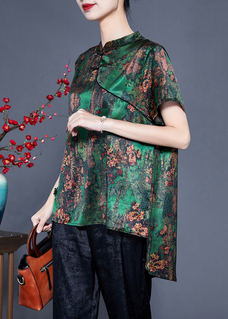 Chic Green Print Asymmetrical Design Silk Oriental Two-Piece Set Summer