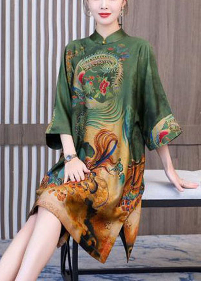 Chic Green Print Chinese Style Silk A Line Dresses Spring