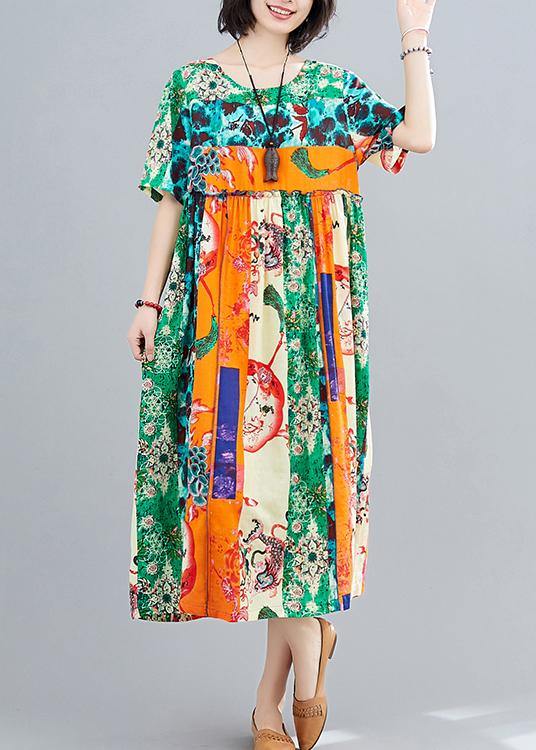 Chic Green Print Dresses O Neck Patchwork Maxi Spring Dress - SooLinen