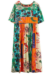 Chic Green Print Dresses O Neck Patchwork Maxi Spring Dress - SooLinen