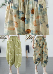 Chic Green Print Pockets Patchwork Linen Harem Pants Summer