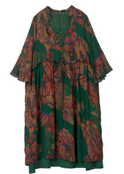 Chic Green Print Ruffled Cross Strap Chiffon Dress Flare Sleeve