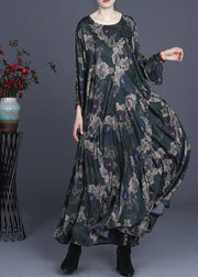 Chic Green Print Silk asymmetrical design Mid Dress Summer - SooLinen