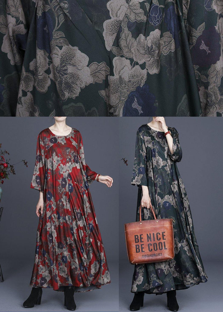 Chic Green Print Silk asymmetrical design Mid Dress Summer - SooLinen