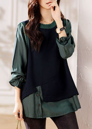 Chic Green Ruffled Knit Patchwork False Two Pieces Top Fall