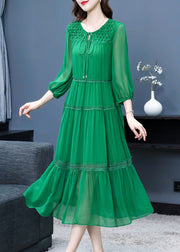 Chic Green Ruffled Patchwork Hollow Out Silk Maxi Dress Bracelet Sleeve
