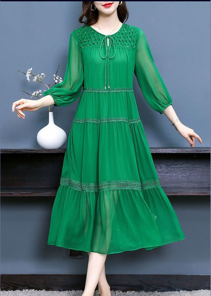 Chic Green Ruffled Patchwork Hollow Out Silk Maxi Dress Bracelet Sleeve