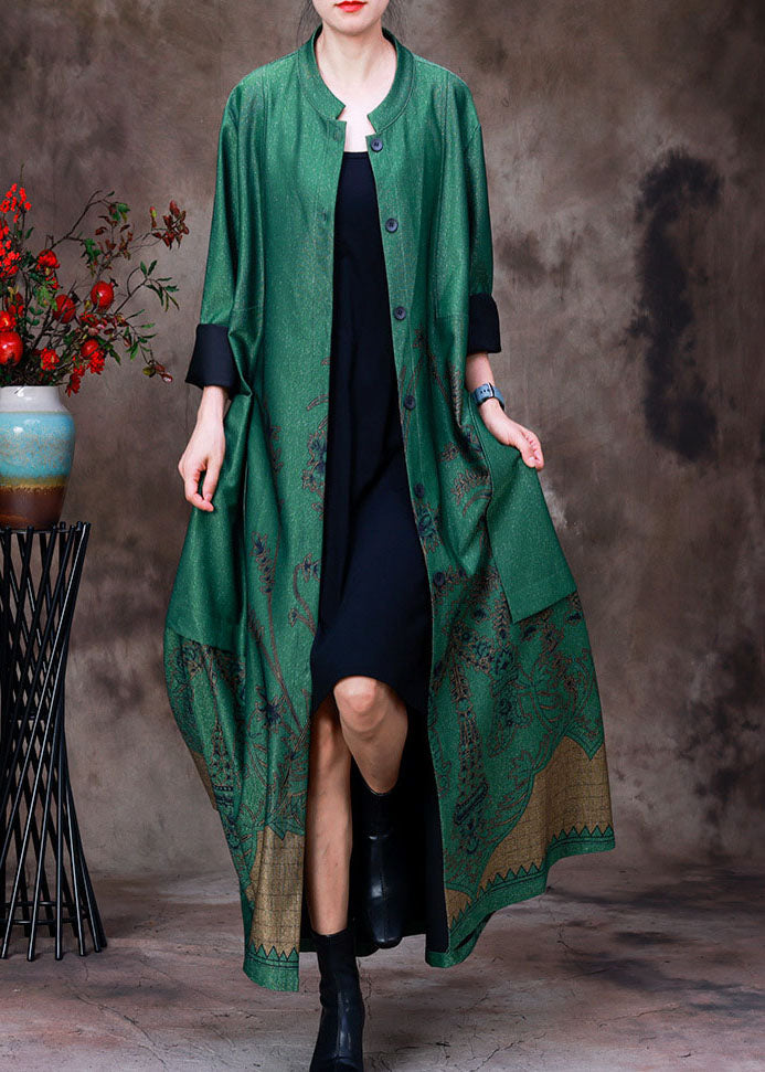 Chic Green Stand Collar Pockets Print Silk Trench Coats Long Sleeve