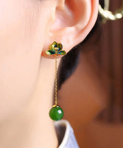 Chic Green Sterling Silver Jade Enamel Lotus Tassel Drop Earrings