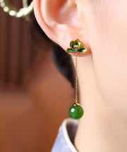 Chic Green Sterling Silver Jade Enamel Lotus Tassel Drop Earrings