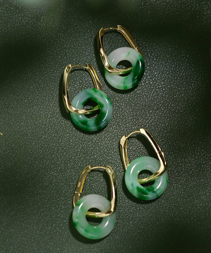 Chic Green Sterling Silver Overgild Jade Hoop Earrings