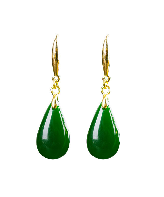 Chic Green Sterling Silver Overgild Jade Water Drops Drop Earrings