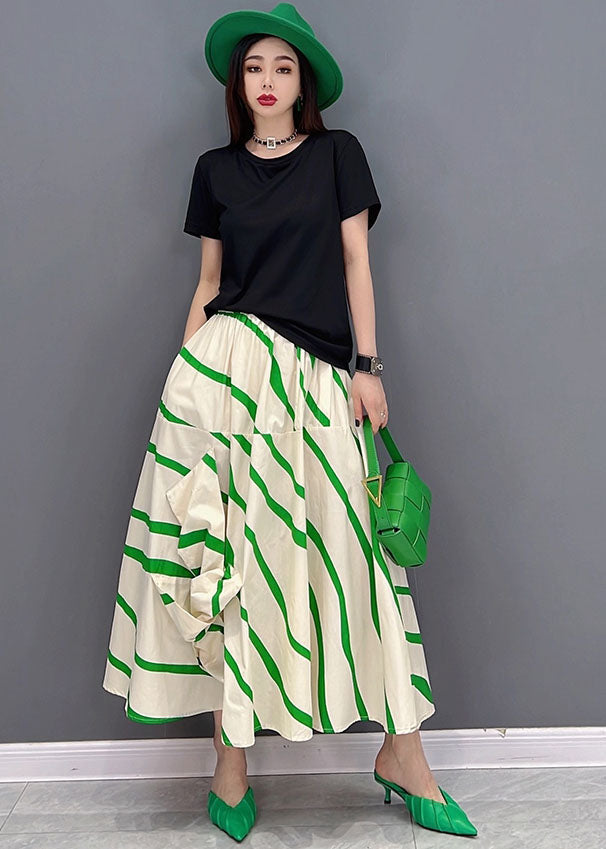 Chic Green Striped Elastic Waist Asymmetrical Cotton Loose Skirts Summer