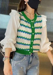 Chic Green Striped Ruffled Patchwork Knit Blouse Tops Fall