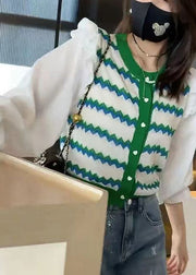 Chic Green Striped Ruffled Patchwork Knit Blouse Tops Fall