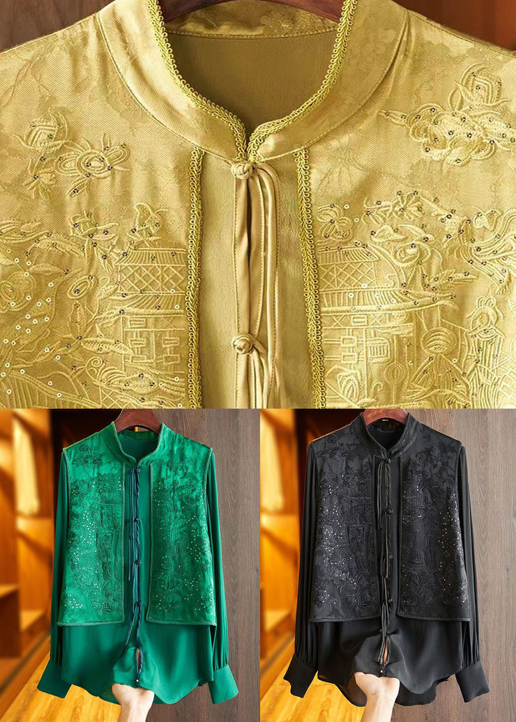Chic Green Tasseled Jacquard Patchwork Silk Shirt Top Spring