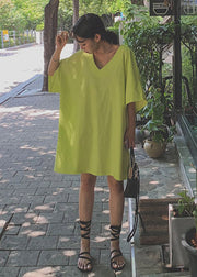 Chic Green V Neck Linen Mid Dresses Half Sleeve