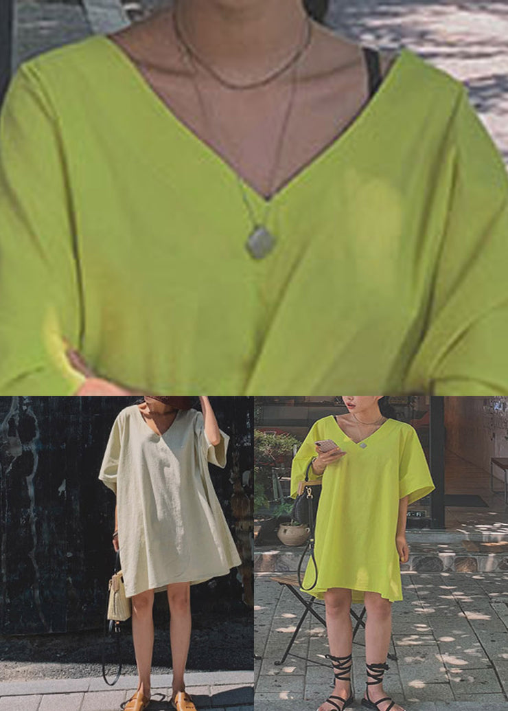 Chic Green V Neck Linen Mid Dresses Half Sleeve