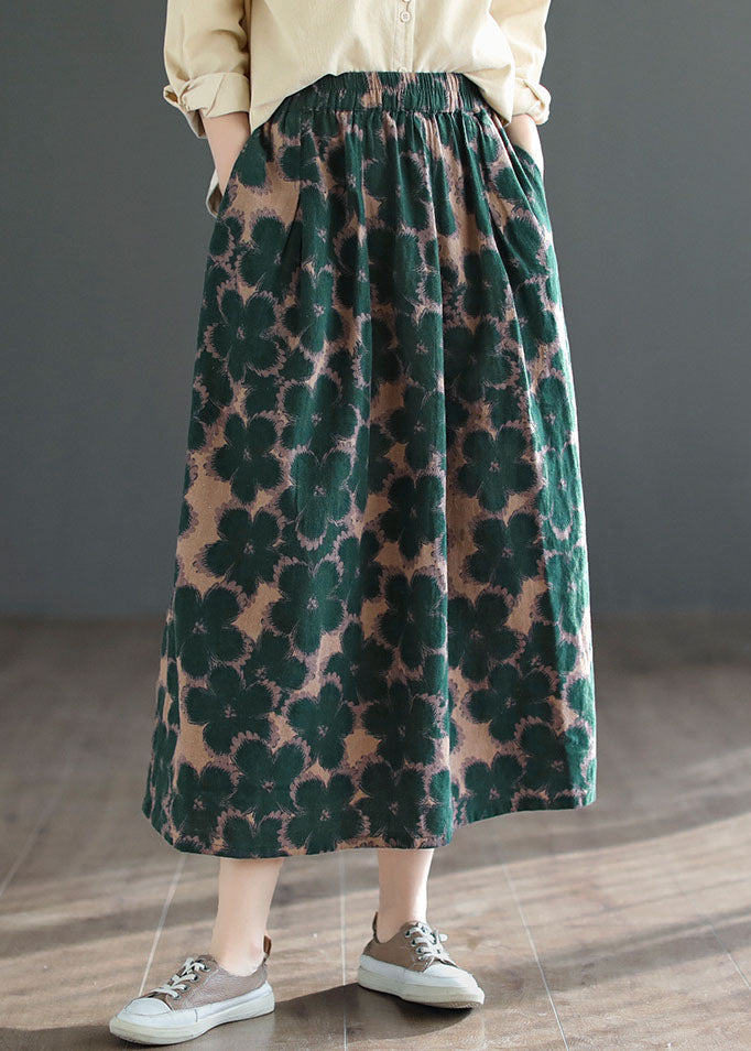 Chic Green Wrinkled Pockets Print Patchwork Cotton Skirts Summer