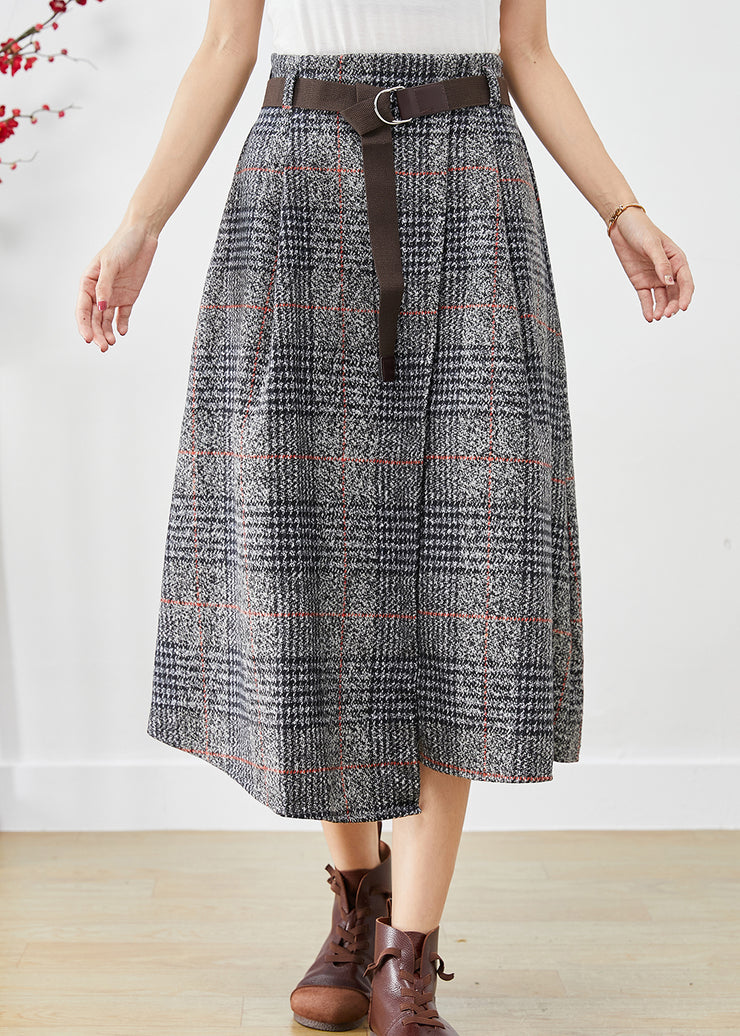 Chic Grey Asymmetrical Plaid Woolen A Line Skirts Fall