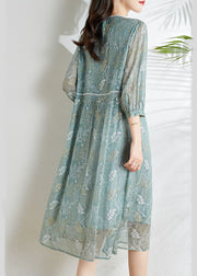 Chic Grey Blue Hollow Out Embroidered Silk Dress Long Sleeve