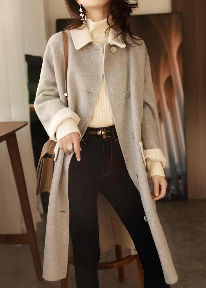 Chic Grey Button Pockets Patchwork Woolen Long Coat Fall