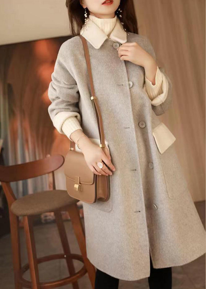 Chic Grey Button Pockets Patchwork Woolen Long Coat Fall