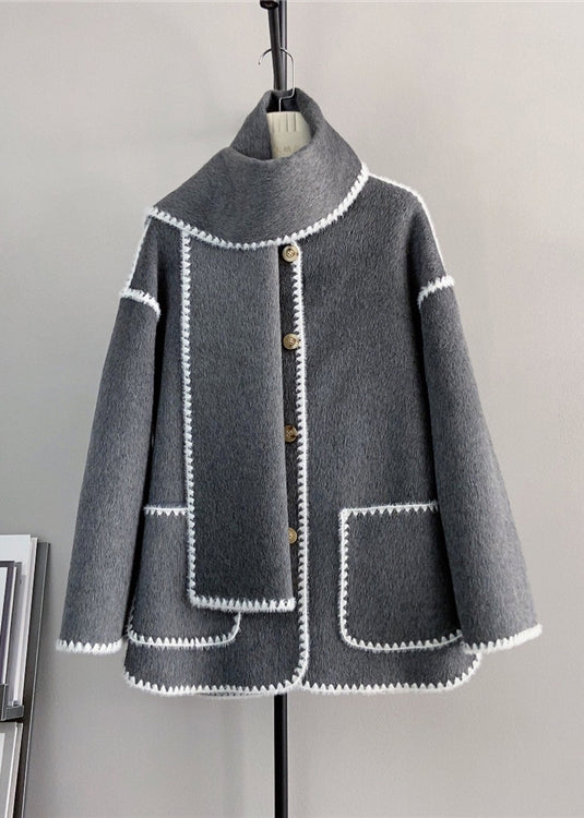 Chic Grey Button Pockets Woolen Short Coats Winter