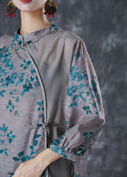 Chic Grey Chinese Style Patchwork Print Linen Blouse Top Fall