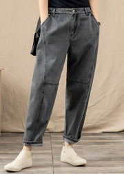 Chic Grey Elastic Waist Pockets Patchwork Cotton Denim Harem Pants Summer
