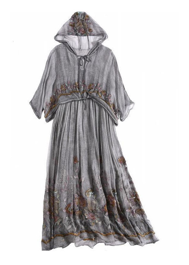 Chic Grey printing Floral Neck Tie Take Two Pieces Hooded Maxi Dresses Summer