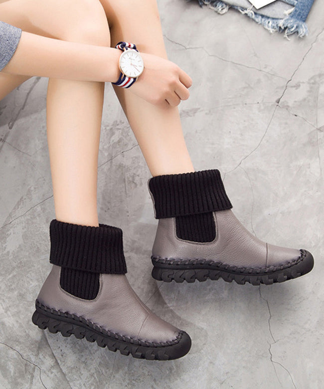 Chic Grey Faux Leather Boots Knit Splicing Boots
