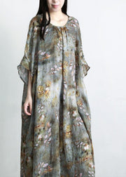 Chic Grey Green Print Linen Pockets Summer Dresses - SooLinen