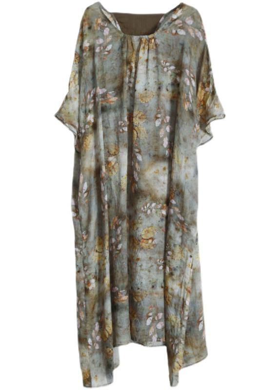Chic Grey Green Print Linen Pockets Summer Dresses - SooLinen