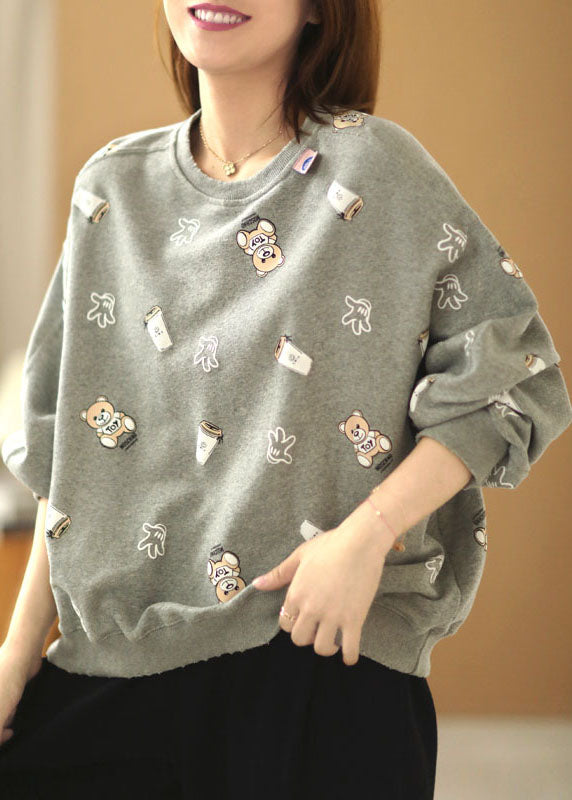 Chic Grey Loose O-Neck Print Fall Pullover Street Wear
