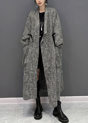 Chic Grey Notched Plaid Button Trench Coats Fall