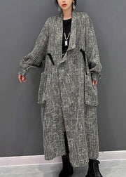 Chic Grey Notched Plaid Button Trench Coats Fall