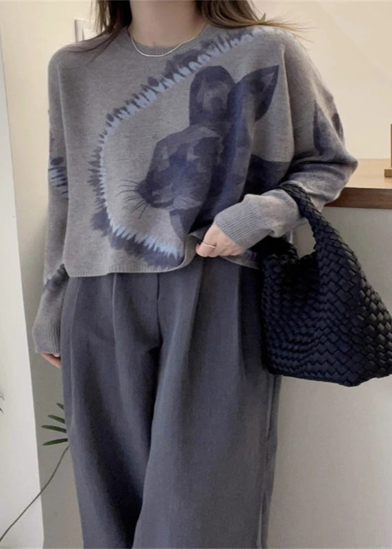 Chic Grey O Neck Animal Print Thick Woolen Sweaters Fall
