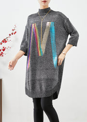 Chic Grey Stand Collar Sequins Knit Sweater Dress Half Sleeve