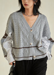 Chic Grey V Neck Button  Cotton Knit Top Fall