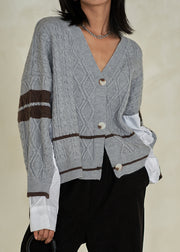 Chic Grey V Neck Button  Cotton Knit Top Fall